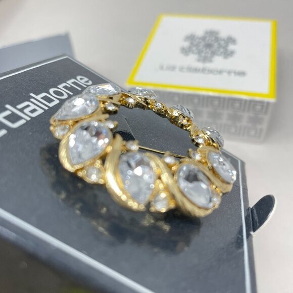 Liz Claiborne Clear Rhinestone Wreath Brooch Gold-Tone Classic Holiday Gift - Picture 2 of 8
